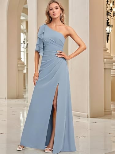 Bekvamlighet Chiffon Ruffles Bridesmaid Dresses for Wedding One Shoulder Formal Prom Party Evening Gown with Slit2