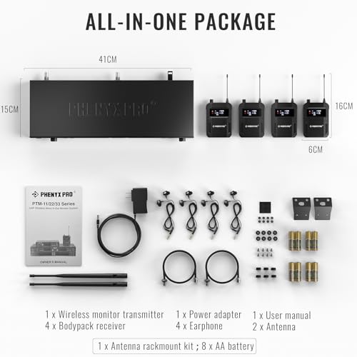 Phenyx Pro UHF Wireless in Ear Monitor System, Mono 2-Channel IEM, Metal Stage Monitor w/ 2x50 Frequencies, 164ft Long Coverage, Rack Mount Kit,for Studio/Band (4 Bodypacks)