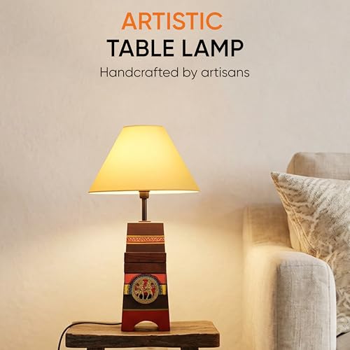 Image of AAKRITI ART CREATIONS MDF Table Lamp for Study Room, Bedroom & Living Room Decoration | Dhokra-Warli Dhokra Tribal Motif Bedside Lamp with Cotton Fabric Shade | Aesthetic Night Lamp