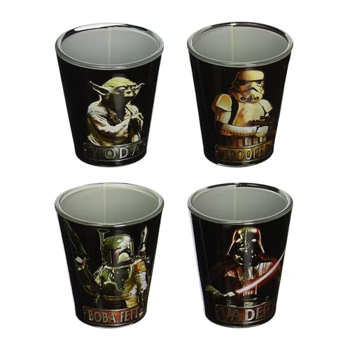 Image of Silver Buffalo Star Wars Featuring Yoda, Stormtrooper, Boba Fett, and Darth Vader 4 Pack Mini Glasses, 1.5 Ounces