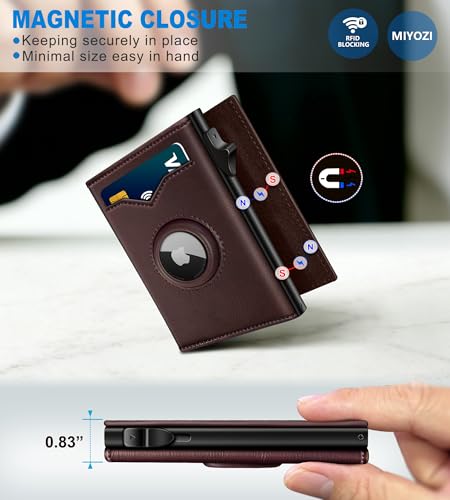 Image of miyozi Airtag Wallet for Men,with Cash Pocket 2 ID Window 9-12 Cards,Metal Case Smart Slim Pop Up Credit Card Holder Flip with Magnetic Closure RFID Blocking Trifold wallet with Gift Box
