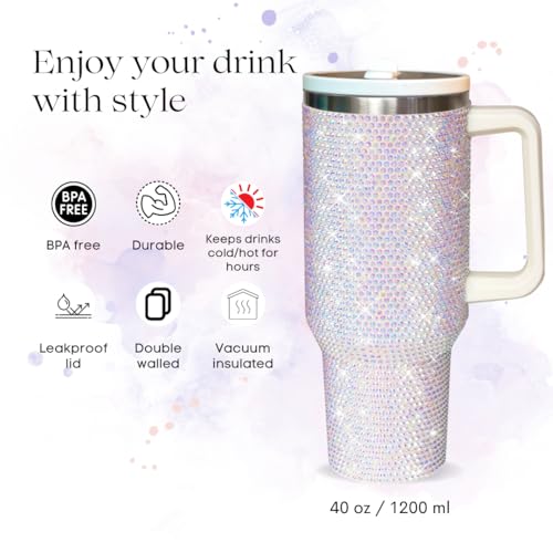 Image of 40 Oz Rhinestone Tumbler with Handle and Flip Straw | Insulated Stainless Steel Double Layer Bling Tumbler | Leak Proof Glitter Tumbler for Women | Reusable 1200ml Travel Bling Cups White