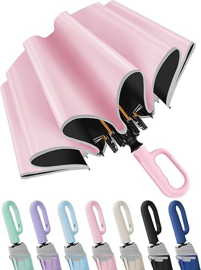 Image of Seniny Windproof Travel Umbrella, Automatic Umbrellas for Rain, Portable & Compact Umbrellas for Backpack, Strong UV for Protection, Folding Small Sun Umbrella for Car, Walking, Coral Pink, 38 inches