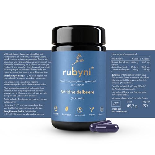 rubyni® Wildheidelbeere (90 Kapseln) • Reiner Bio-Wildheidelbeerextrakt mit Anthocyanen • Sekundäre Pflanzenstoffe • Hochdosiertes Wildheidelbeerpulver • Heidelbeere • 100% biologisch & vegan