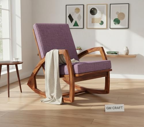 Image of Solid Sheesham Wood Rocking Chair for Living Room - Upholstered Relaxing Chair - Wooden Rocking Chair for Adults for Home Outdoor Indoor (Honey, Nash)