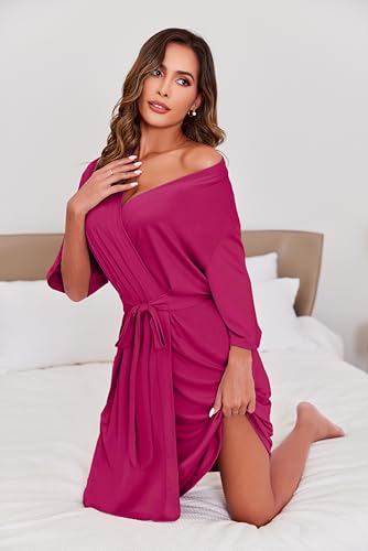 Image of Ekouaer Short Robes for Women Lightweight Kimono Robes Knit Bathrobe Soft Sleepwear with Pockets S-XXL