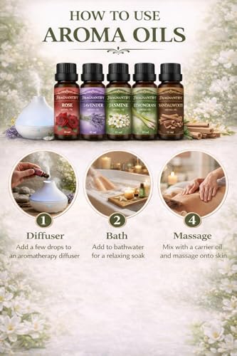 Image of Aroma Diffuser Oil Set, Essential Oils for Home Fragrance, Rose, Lavender, Lemongrass, Jasmine, Mogra & Sandalwood, 6 Bottles, 10ml Each, for Diffuser, Spa & Meditation