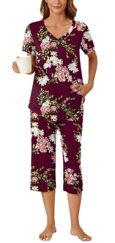 Image of Bestbee Women's Pajama Sets 2 Piece Lounge Outfits Summer Sleepwear V Neck Short Sleeve Capri Pant With Pockets Ladies Pjs