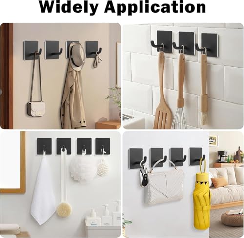 Image of 6 PCS Self Adhesive Wall Hooks | Heavy Duty Stainless Steel Waterproof Hooks for Wall Without Drilling | Multipurpose Towel, Bathroom, Kitchen (Stainless Steel Hook Sticker - Black Pack of 6)