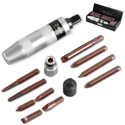 ZKH 3/8' Hand Impact Screwdriver, 1/2' Manual Reversible Impact Driver Includes 10-Piece S2 Steel Slotted, Phillips, Screw Extractor Bit Set for Removing Damaged, Frozen, Rusted Screws and Fasteners