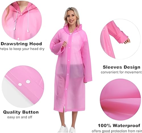 JITIFAZH Wasserdichter Regenponcho,2 Stück,leichter, wiederverwendbarer Regenmantel mit Kapuze, tragbarer Notfall-Poncho für Erwachsene, Familie, Wandern, Radfahren, Camping (Weiß+Rosa)