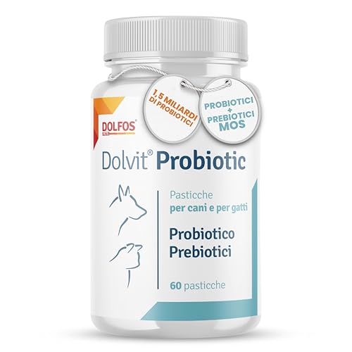 Dolvit Probiotici per Cani e Gatti 60 Cpr - Probiotico digestivo per cani e gatti, Flora Batterica, Sistema Immunitario - Diarrea Cane e Gatto - Dermatite Cane e Gatto - Allevia Prurito Cane e Gatto