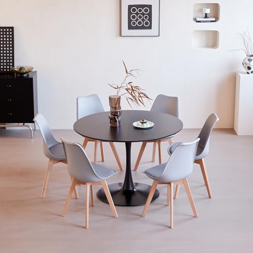GrandCA HOME Table à Manger Moderne avec 6 Chaises, Table à Manger Ronde en MDF Noir de 110 cm + 6 Chaises de Cuisine Gris