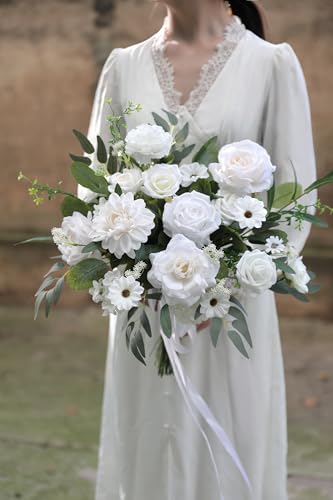 GAATEEK White Artificial Flowers Roses Fake Flowers with Stems White Dahlia Artificial Flowers for DIY Wedding Bouquets Centerpieces Baby Shower Party Home Decor