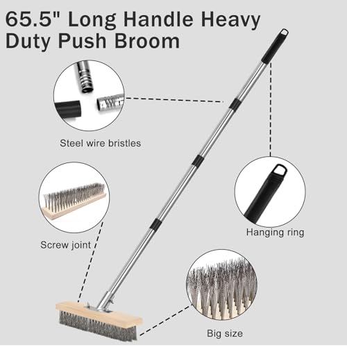 Stainless Steel Pool Scrub Brush with Adjustable Handle, Heavy Duty Stiff Bristle Scrubber for Rough Surfaces, Moss Removal, and Tough Stains on Concrete, Grout, Patio, Garage & Pool