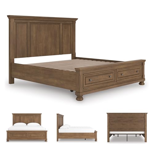 Image of Signature Design by Ashley King Platform Bed with Storage, Brown | King size storage bed frame, Chestnut brown, 2 footboard drawers, No box spring required, Glarrison Series