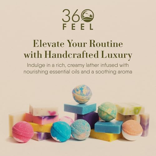 360Feel Mens Bar Soap - Made in the USA - Castile Handmade All Natural Cold Processed - Includes 4 Bold Masculine Scents: Bay Rum, Pine Tar Black Soap bar, Patchouli & Island Citrus (5oz, 4-Pack)