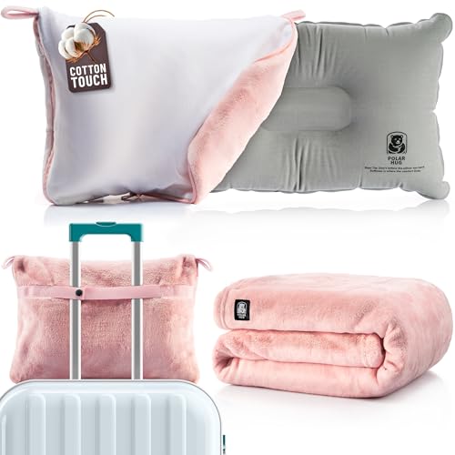MasterManner Travel Blanket and Pillow Set — Airplane Blanket with Inflatable Pillow and Cotton...