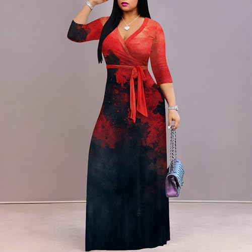 Image of PinkPatty Women's Print Maxi Dresses 3 /4 Sleeve Flowy Long Dress V Neck Wrap Tie Waist Sundress