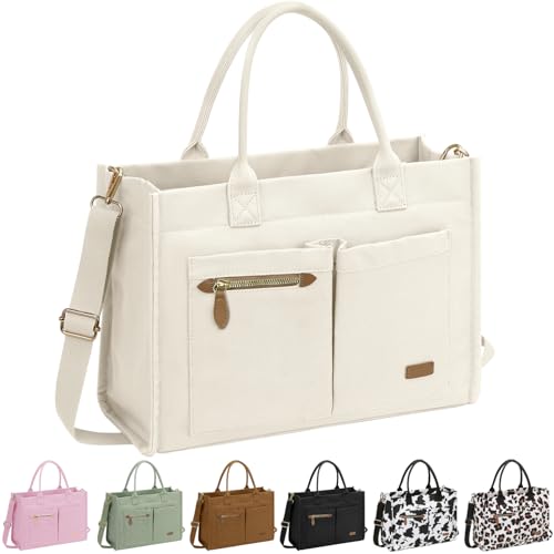 ELONGRIVER Bolsa de lona para mulheres, bolsas grandes de trabalho com compartimentos, bolsa transversal com zíper para professores, faculdade, Bege, One Size