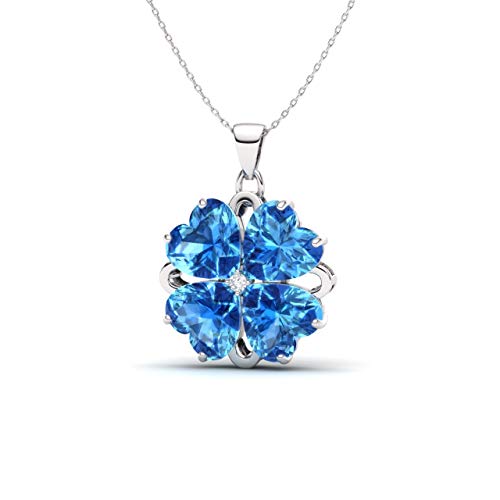 Diamondere Natural And Certified Heart Cut Blue Topaz And Diamond Flower Necklace In Sterling Silver | 2.32 Carat Pendant With Chain #TOP1