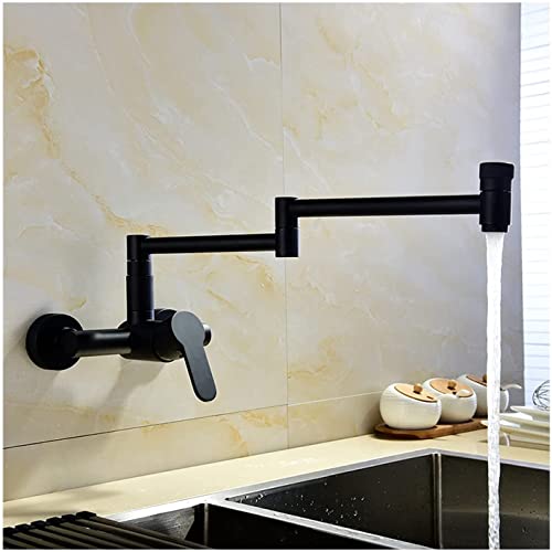 Grifo de latón para llenado de ollas, grifo de cocina de montaje en pared fría y caliente con brazos oscilantes de doble junta, acabado cromado, grado comercial, doble mango, diseño que ahorra espacio