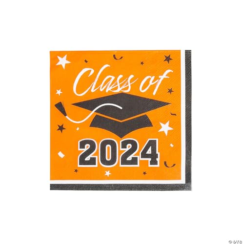 Fun Express Bulk 50 Piece Class of 2024 Orange Graduation Party Paper Luncheon Napkins