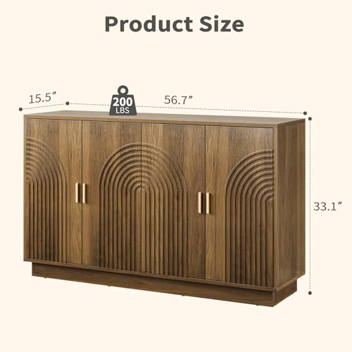 Fluted Sideboard Buffet Cabinet with Storage - 57" Credenza Coffee Bar Cabinet with 4 Doors, Accent Kitchen Storage Cabinets with Adjustable Shelves for Living Room & Kitchen, Entryway, Walnut - Image 3