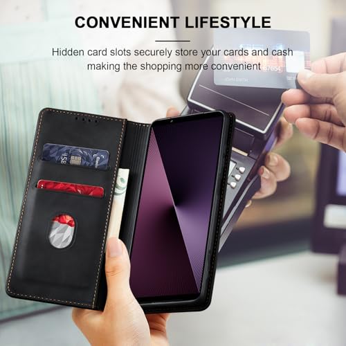 Image of Jasonyu Cover for Sony Xperia 1 VII Flip PU Leather Case Cover Book Wallet Stand Function Magnetic Card Slot TPU Bumper Case (Black)