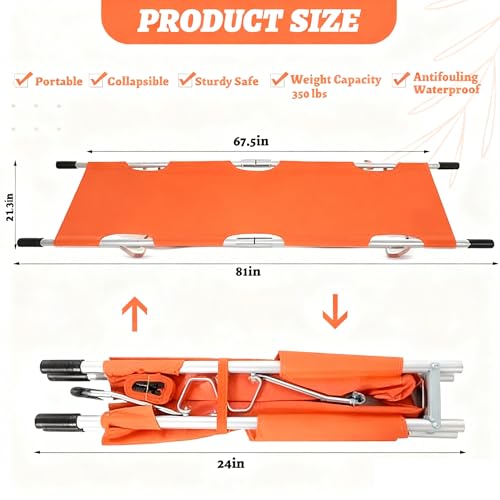 Image of TrelaCo Folding Stretcher 81 x 21.3 x 5.4 Inch Aluminum Alloy Collapsible Gurney Emergency Portable Stretcher with Heavy Duty Handles Rubber Feet for Ambulance Patient Transport, Orange