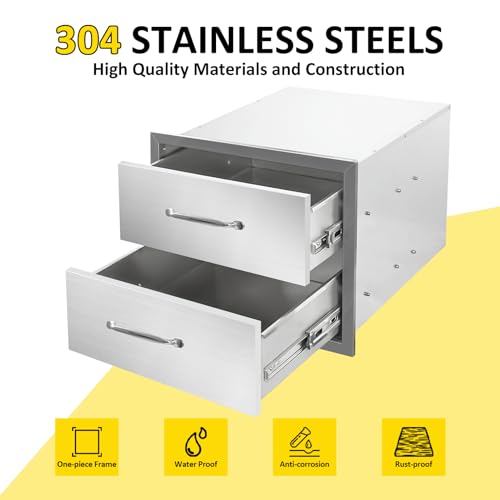 Image of Outdoor Kitchen Drawers 18 inch W x 15 inch H x 23 inch D Flush Mount Double layer BBQ Drawers with Chrome Handle,Stainless Steel Built-in 2-Drawer for Outdoor Kitchen Island, Patio Grill Station