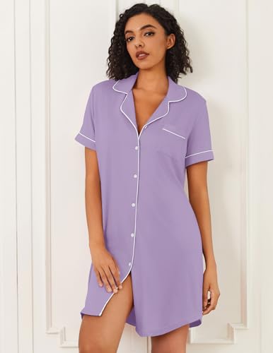 Image of Ekouaer Nightgowns for Women Bamboo Viscose Sleep Shirts Button Down Night Shirt Short Sleeve Boyfriend Pajama Dress