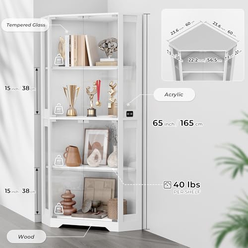 Image of BROTTAR Lighted Corner Display Cabinet with Glass Doors for Collectibles | 65 inch Curio Cabinet with 3 Color LED Lights, 4-Tier Showcase Display Case with Human Body Sensor for Trophies, Books, White