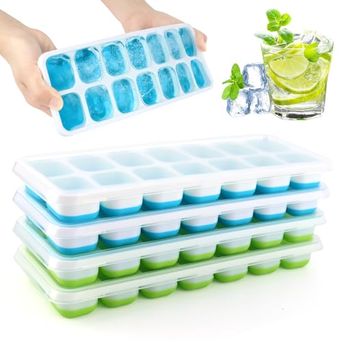 4 Piezas Cubiteras para Hielo con Tapa, Moldes de Cubitos de Hielo con Tapa a Prueba de Polvo, Moldes de Cubitos Hielo Silicona, para Bebés, Agua, Cola, Cócteles, Whisky (Azul, Verde)