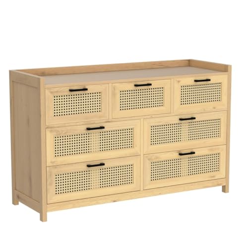 AOGLLATI Rattan Dresser for Bedroom with 7 Drawers, Dressers & Chests of Drawers,Wood Long Bedroom Dresser for Bedroom, Hallway, Entryway