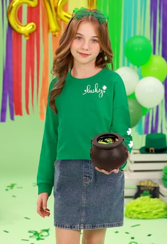 Image of Tween Girl St. Patrick's Irish Lucky Four Leaf Clover Crop Top Green White Long Sleeve Shirt 12 Years