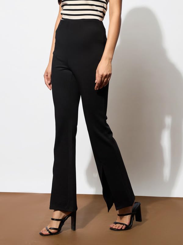 Image of Black Front Slit 4-Way Stretch Slim Pants