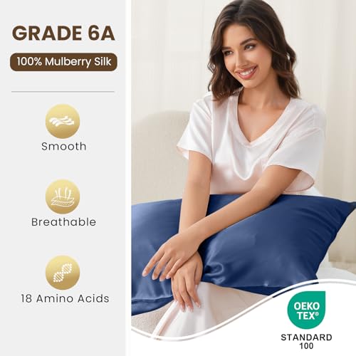 Image of THXSILK 100% Pure Mulberry Silk Pillowcase for Hair and Skin, 25 Momme, 6A+ Grade Silk Pillow Case Queen Size 20 inchx30 inch, Real Silk Pillowcase with Zipper, Anti Aging Acne Free (Navy Blue)