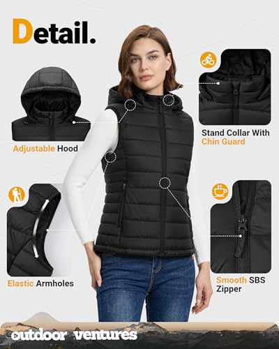 Outdoor Ventures Damen Steppweste mit Kapuze Packbare Übergangswesten Gefütterte Hybrid Sportweste Frau Warme Fahrradweste mit Stehkragen für Wandern Camping Schwarz M