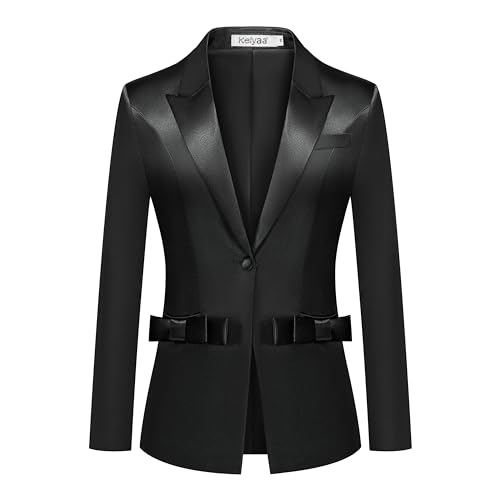 Women's 2 Piece Satin Suit Double Side Bows One Button Peaked Lapel Outfits Party Wedding Blazer Jackets and Pants Set4