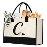 HorHer Initial Canvas Tote Bag, Personalized Beach Jute Bag Present for Women Holiday, Friends Birthday Gift, Beach, Wedding (Letter C)