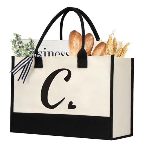 HorHer Initial Canvas Tote Bag Personalized Beach Jute Bag Present for Women Holiday Friends Birthday Gift Beach Wedding (Letter C)