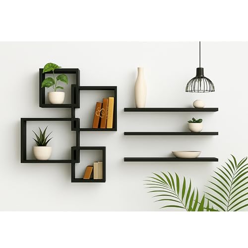 Image of Wall Shelves for Living Room and Bedroom Wall Decor | Wooden Wall Shelves for Wall Mounting (Black)