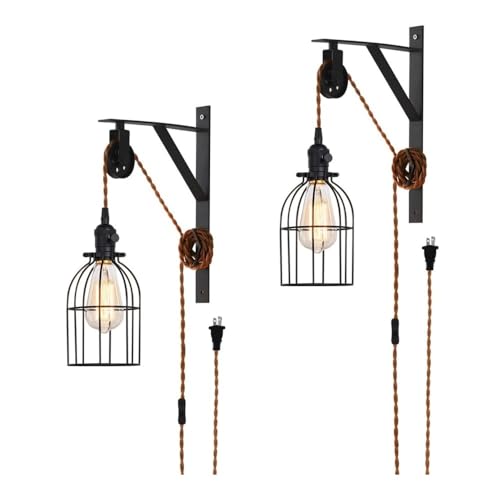 zhongqunli Aplique de pared que funciona con pilas, Aplique de pared antiguo con forma jaula, polea ajustable, ideal for leer en dormitorios estilo rústico