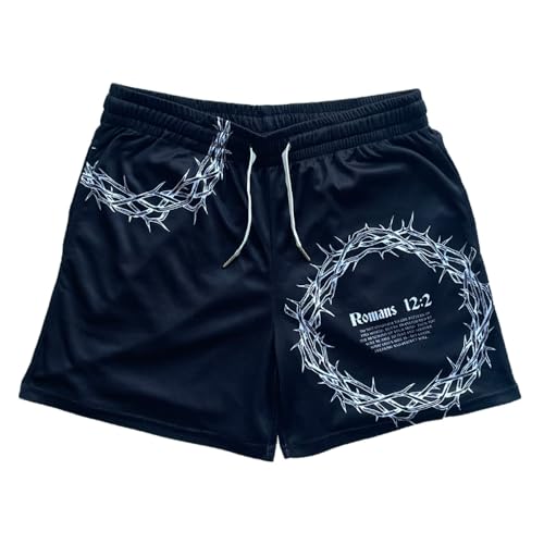 SAINT KAIZEN Romans 12:2 (Black) Mesh Shorts for Men - Christian Gym Shorts Two-Layer Design with Secure Phone Pocket Lightweight Breathable Workout Shorts - Large