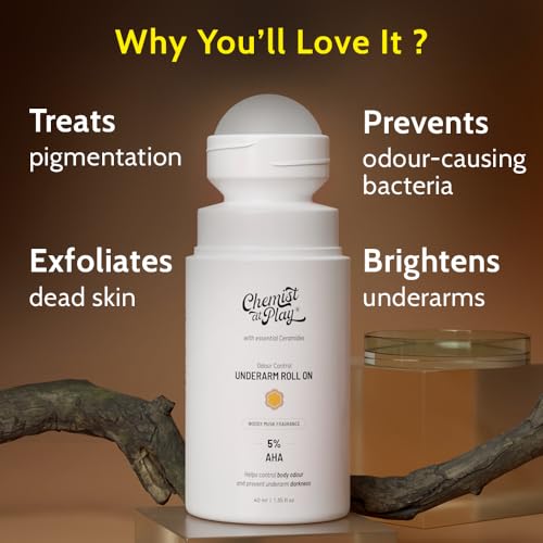 Chemist at Play UnderArm Roll-On with 5% AHA|Lactic & Mandelic Acid|Prevents Odour, Brightens Skin & Exfoliates Underarm|For Sensitive Skin |Woody Musk Fragrance |Alcohol & Aluminium Free | 1.35 fl oz