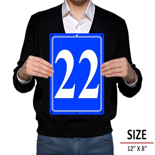 Image of Premium Aluminum Number Signs 22, Metal 12 inch X 8 inch Blue Numbered Signs Outdoor for Parking Lots, Floor, Dock, Court, Aisle, Field, High Visibility, No Fade, Weather-resistant