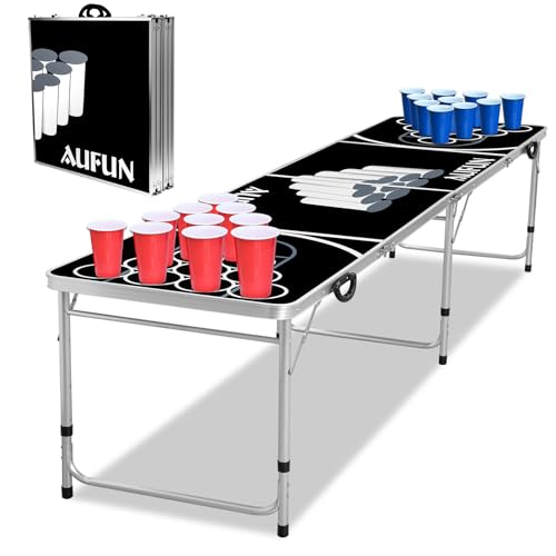 XMTECH Beer Pong Table de jeu de fête avec 100 gobelets (50 rouges et 50 bleus), 5 balles, table de beerpong pliable et réglable en hauteur