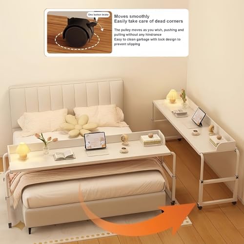 Extendable Rolling Mobility Table Over Bed,Adjustable Overbed Table with 360° Wheels - King Size Bed Rolling Tray Table for Living Room & Hospital Use - Sturdy Wood and Steel Frame