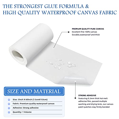 Image of KING MOUNTAIN Canvas Iron on Patch,3 inchx60 inch,Waterproof 100% Cotton Fabric Repair Patch,Used for Various Sofa,Tent,Clothes,Seats,Suitcases (White)